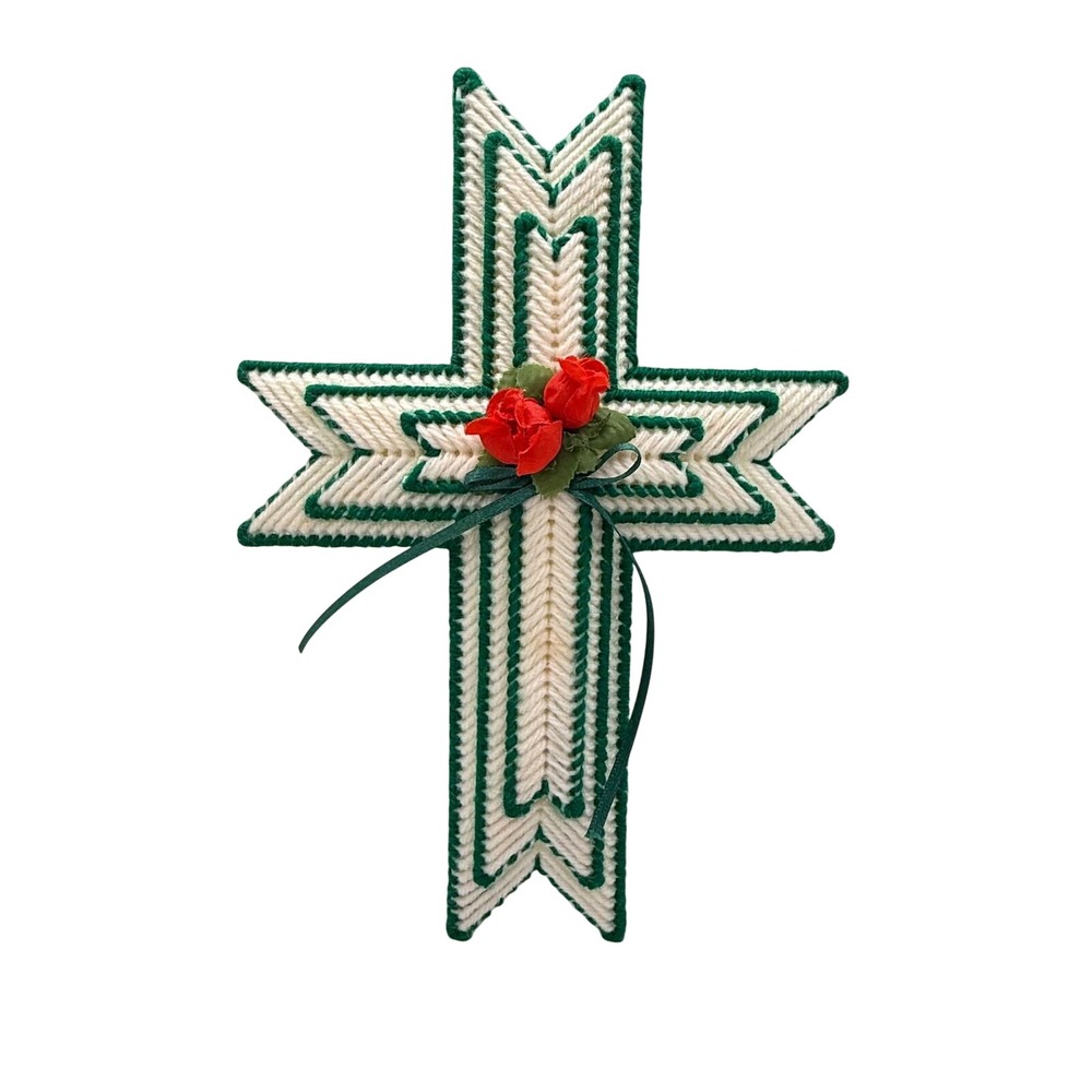 VTG Plastic Canvas Religious Cross Wall Hanging White Green Red Roses Handmade